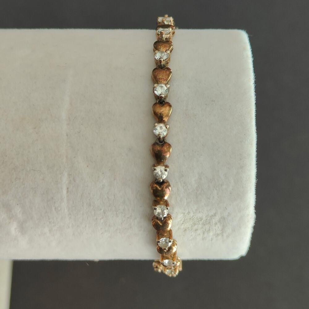 Vintage Sterling Silver Gold Vermeil Hearts & Cubic Zirconia 7" Tennis Bracelet